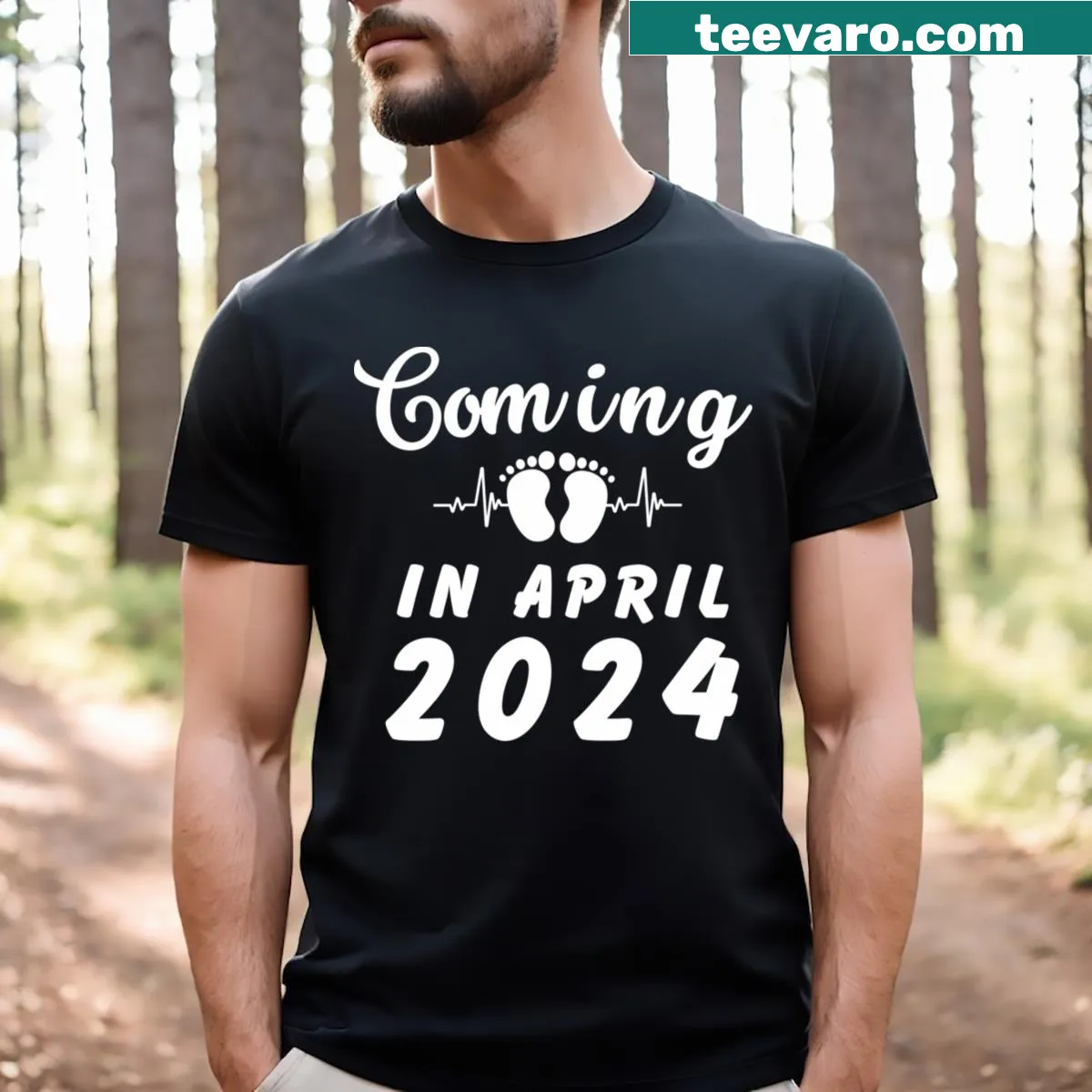 Pregnancy announcement T-shirt saying 'New Baby Coming In April 2024' — on a men's t-shirt