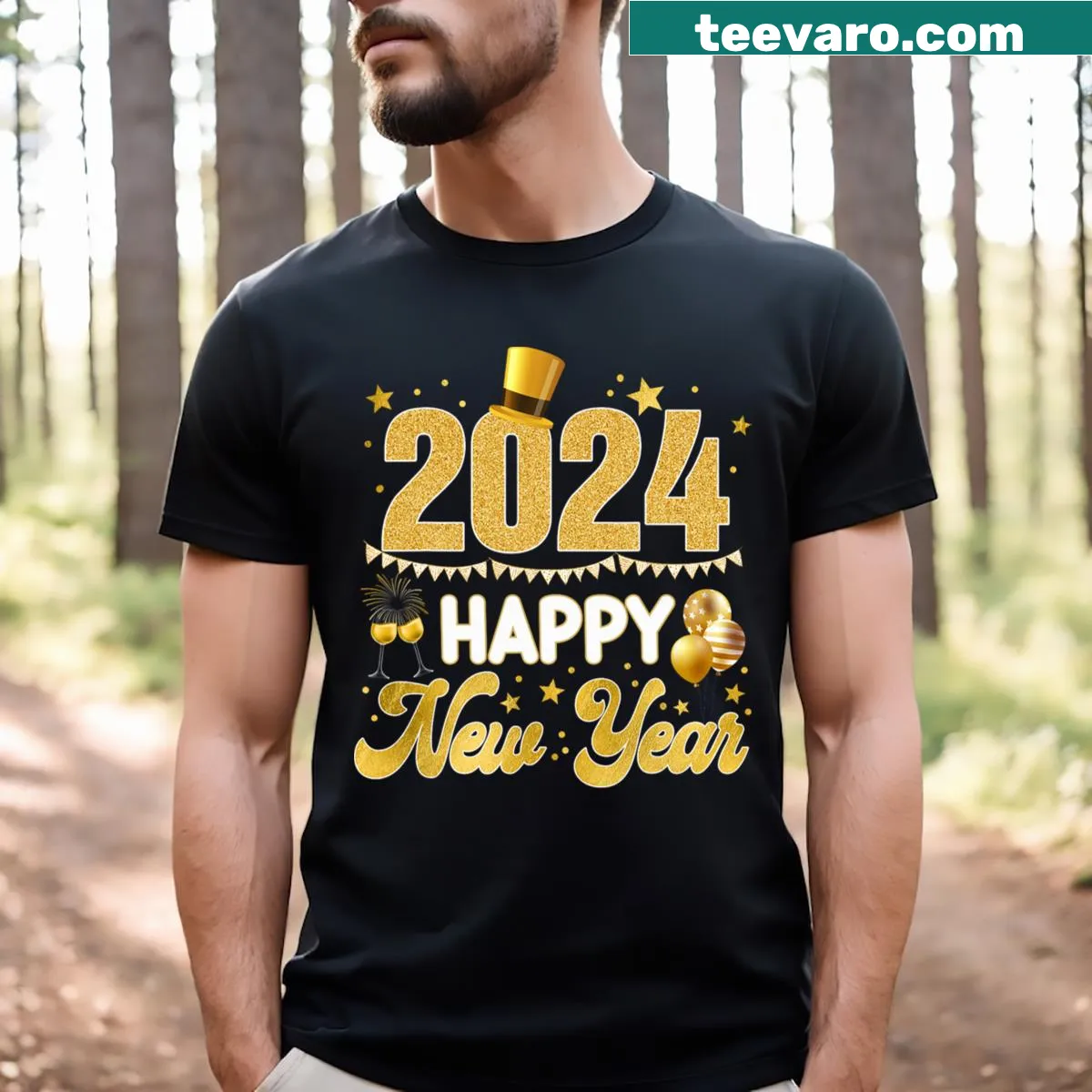 T-shirt celebrating New Year's Eve with fireworks and 'Happy New Year' text — on a men's t-shirt