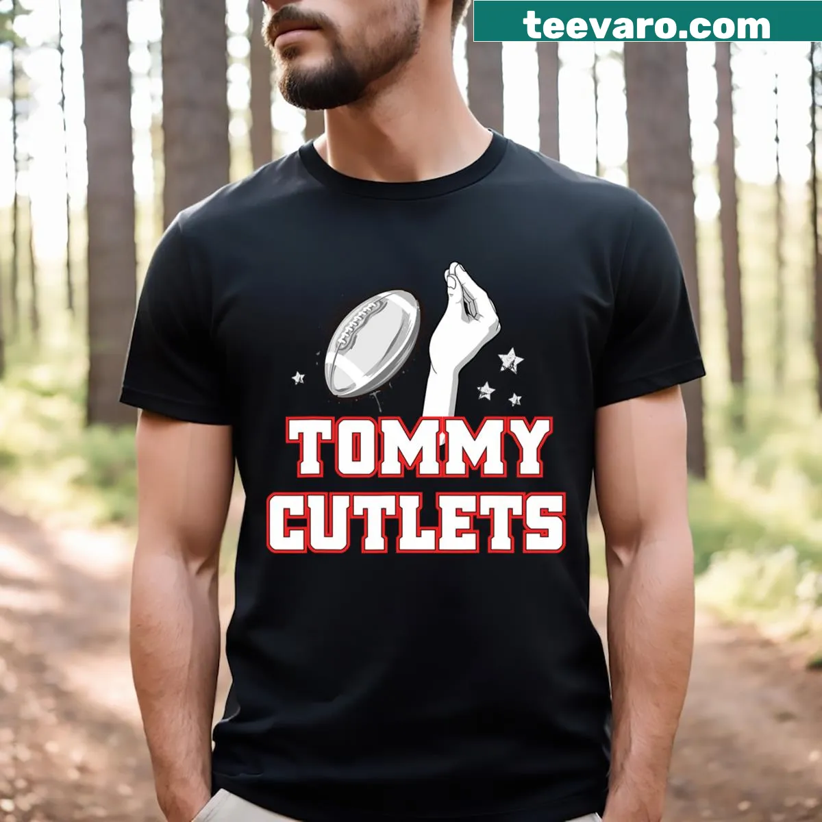 Illustrative football T-shirt with Italian hand gesture design — on a men's t-shirt