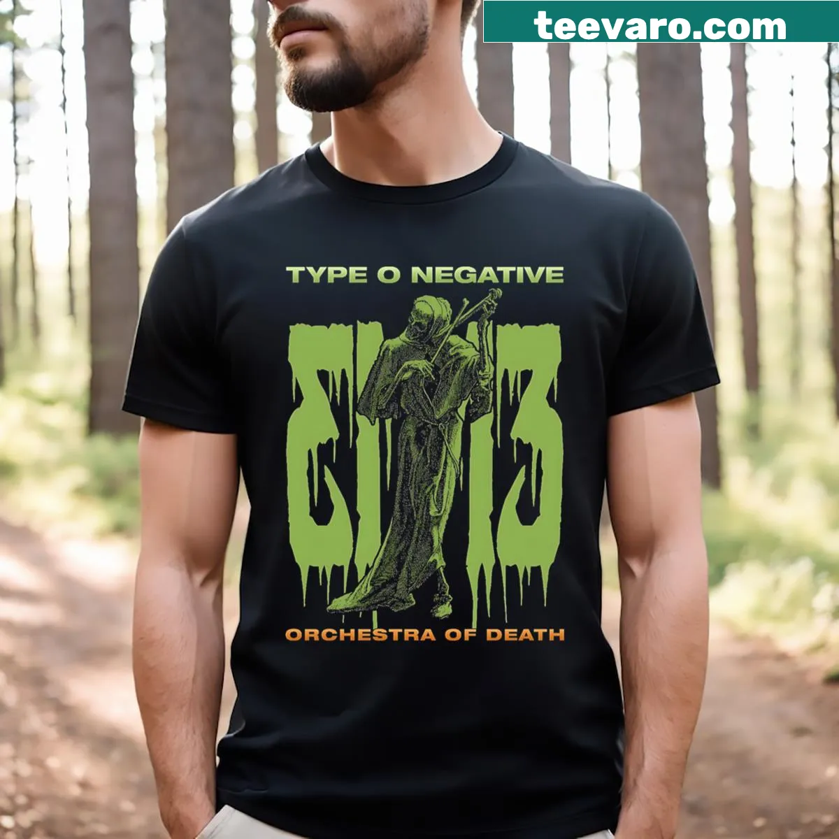 Gothic T-shirt featuring skeleton orchestra illustration — on a men's t-shirt