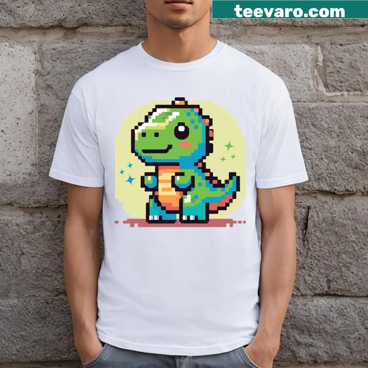 Pixel art dinosaur graphic on a playful T-shirt — on a men's t-shirt