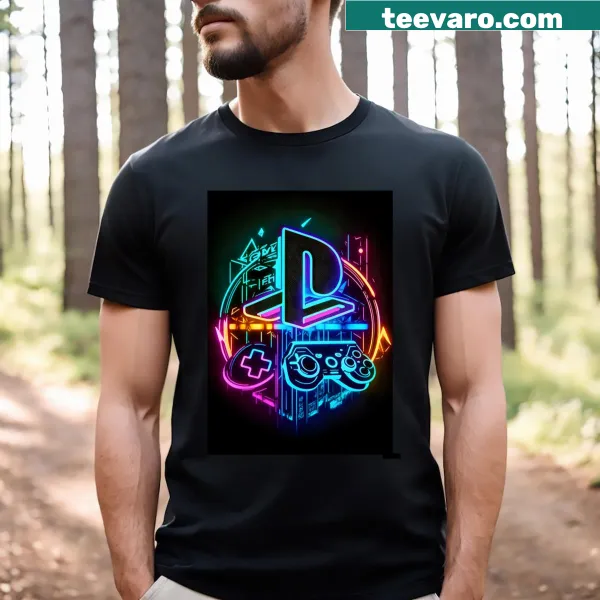Neon art of the PlayStation logo on a playful T-shirt design