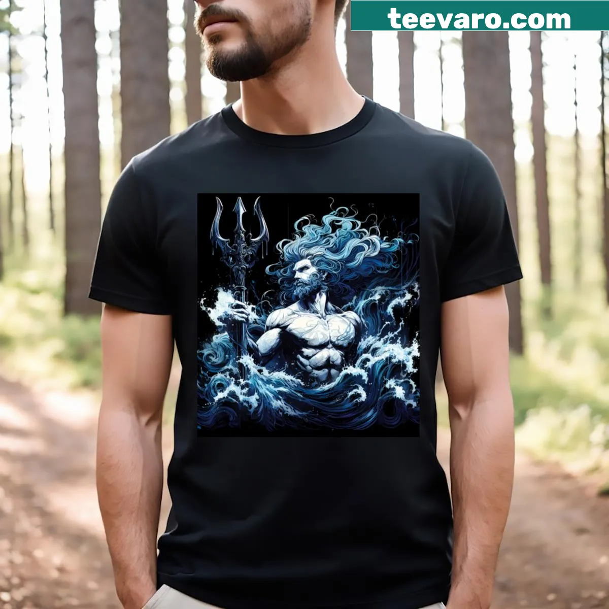 Artistic Poseidon design on a T-shirt featuring ocean elements — on a men's t-shirt