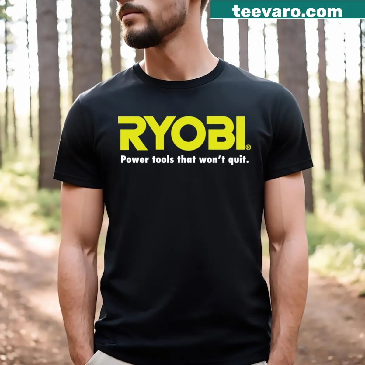 Bold Ryobi logo on a power tools-themed T-shirt — on a men's t-shirt