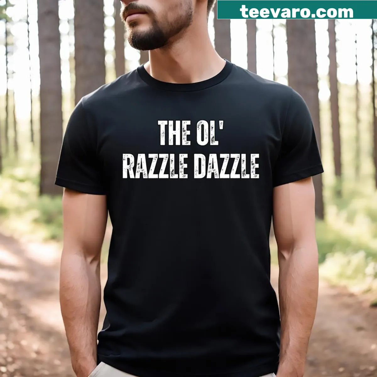 Playful t-shirt featuring fun 'Razzle Dazzle' typography design — on a men's t-shirt