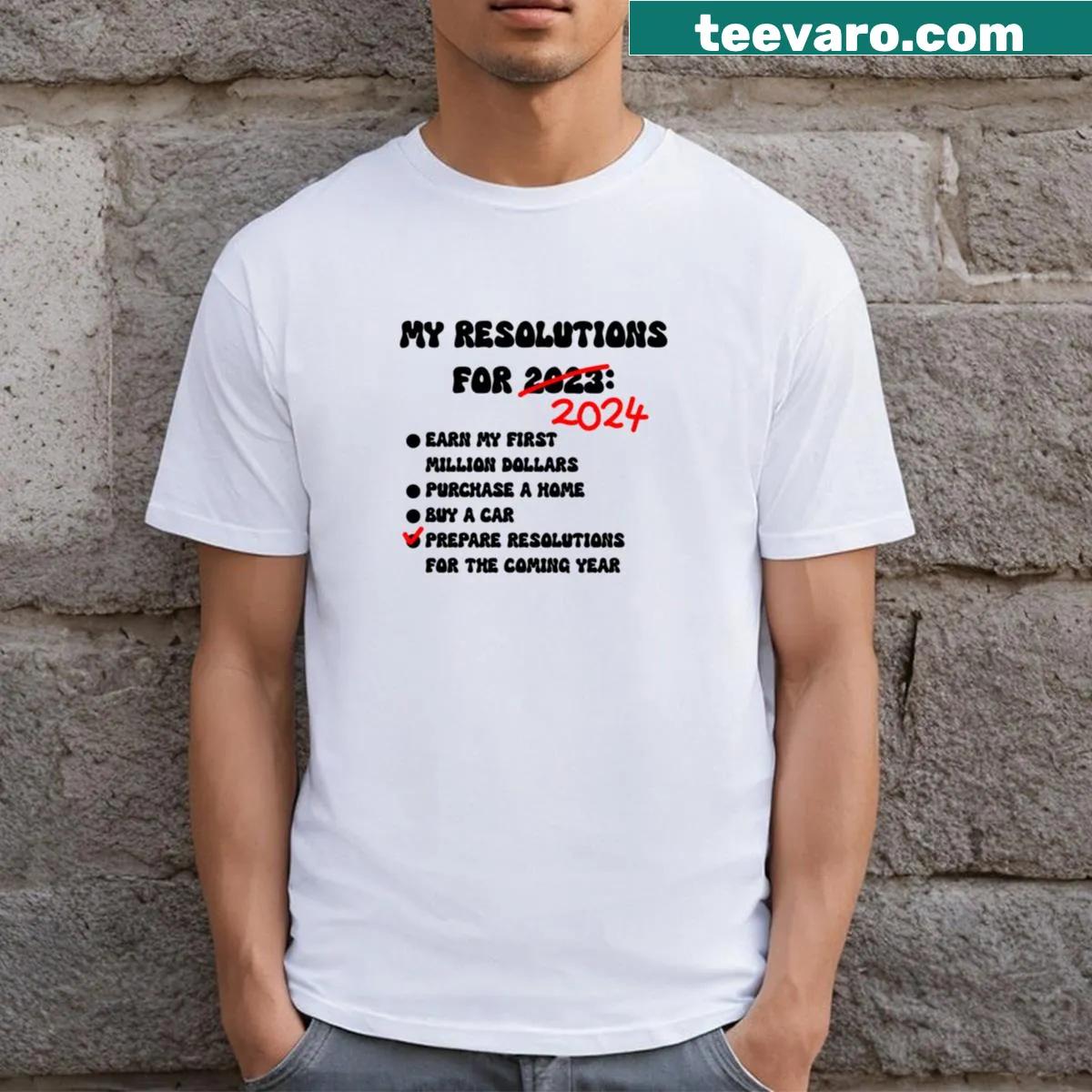 T-shirt featuring New Year 2024 greeting design. — on a men's t-shirt