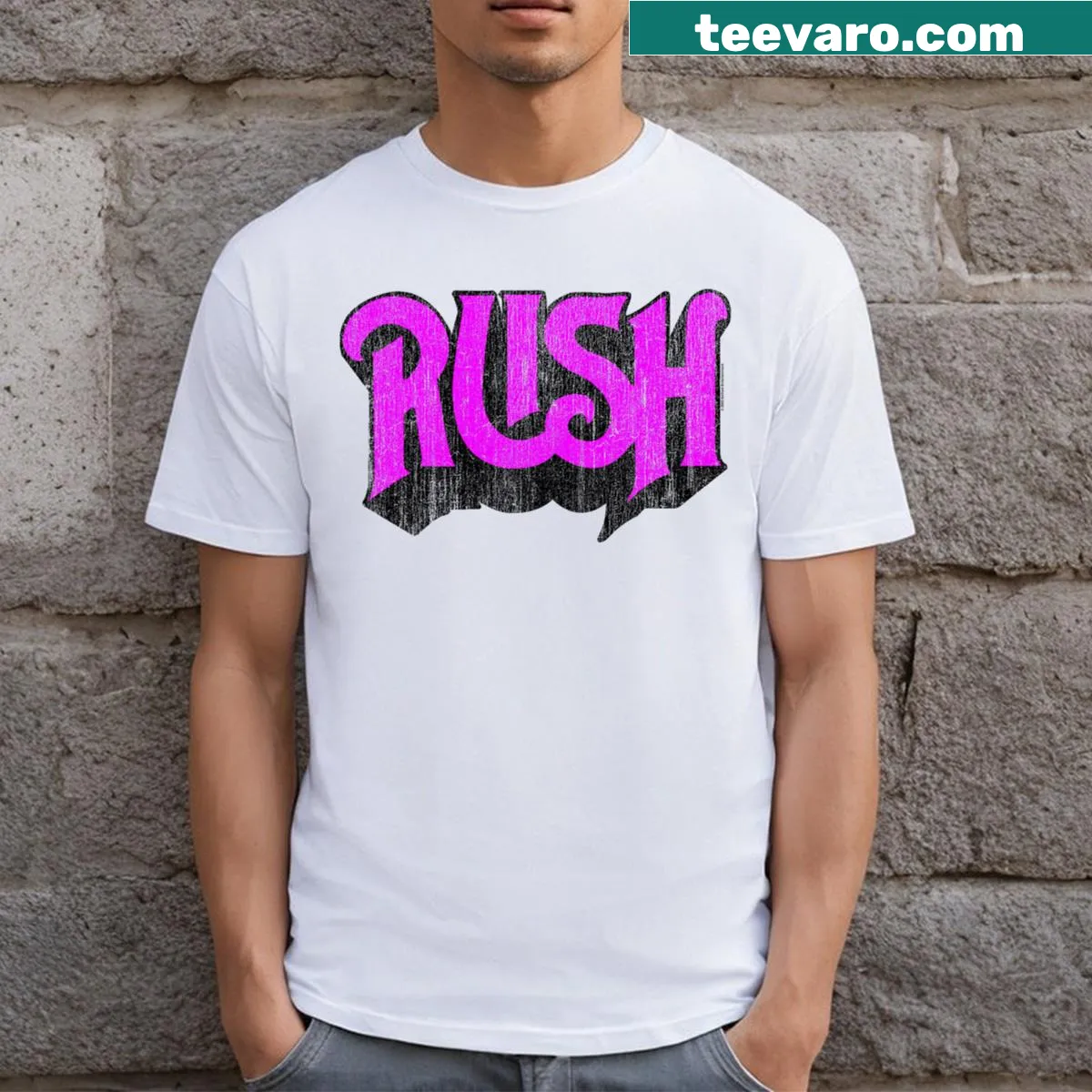 Vintage distressed logo t-shirt of the rock band Rush — on a men's t-shirt