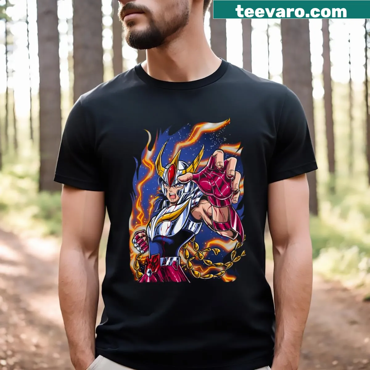 Illustrative Saint Seiya-themed T-shirt featuring iconic characters — on a men's t-shirt