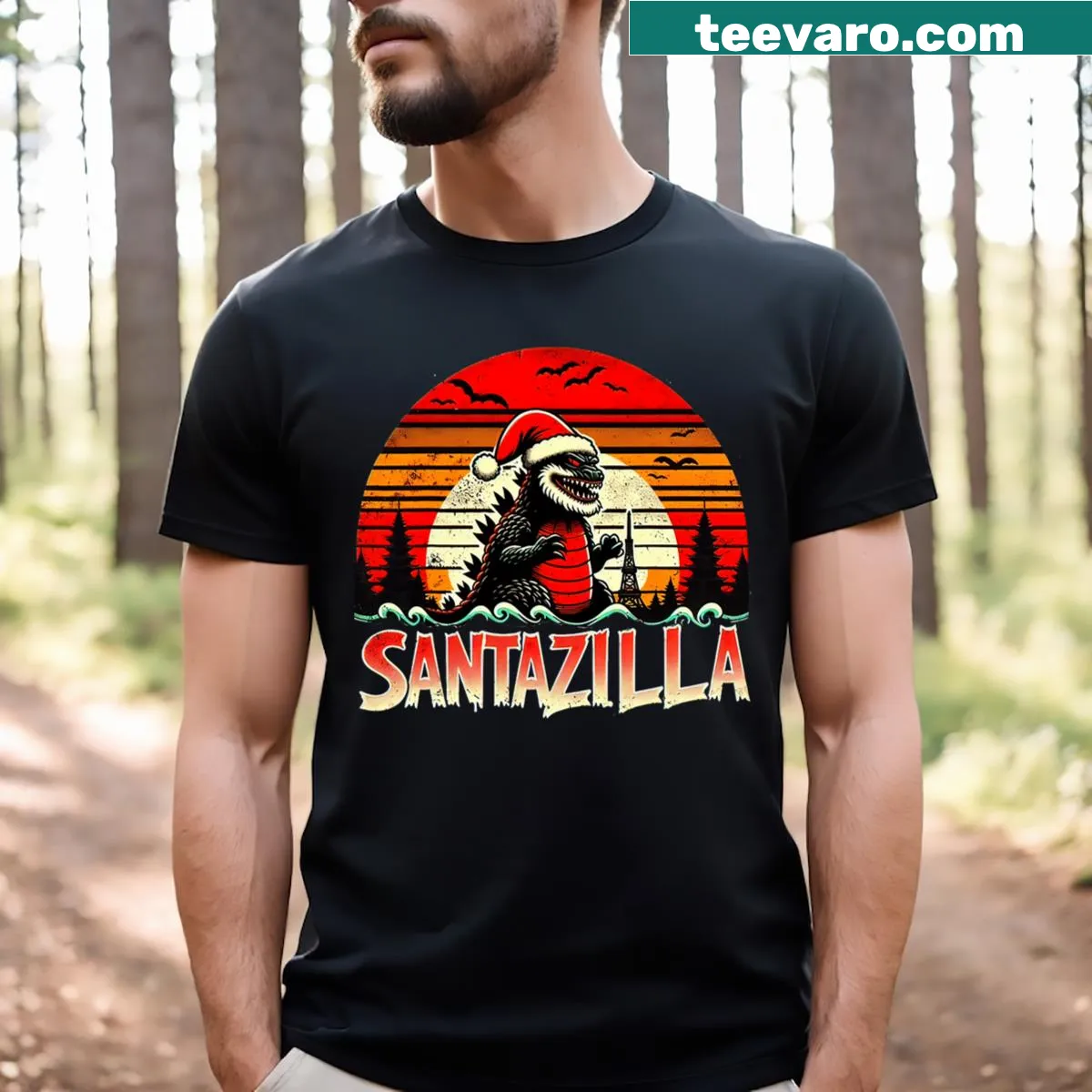Whimsical kaiju Santa illustration for Christmas T-shirt — on a men's t-shirt