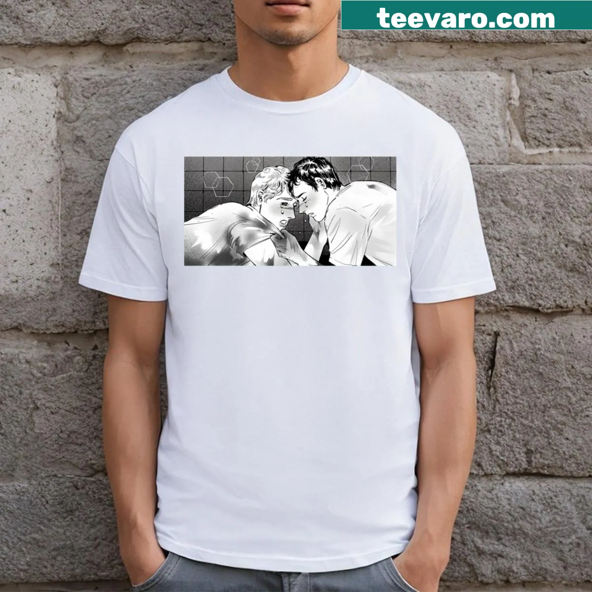 1980s shoujo manga-inspired horror-themed T-shirt — on a men's t-shirt