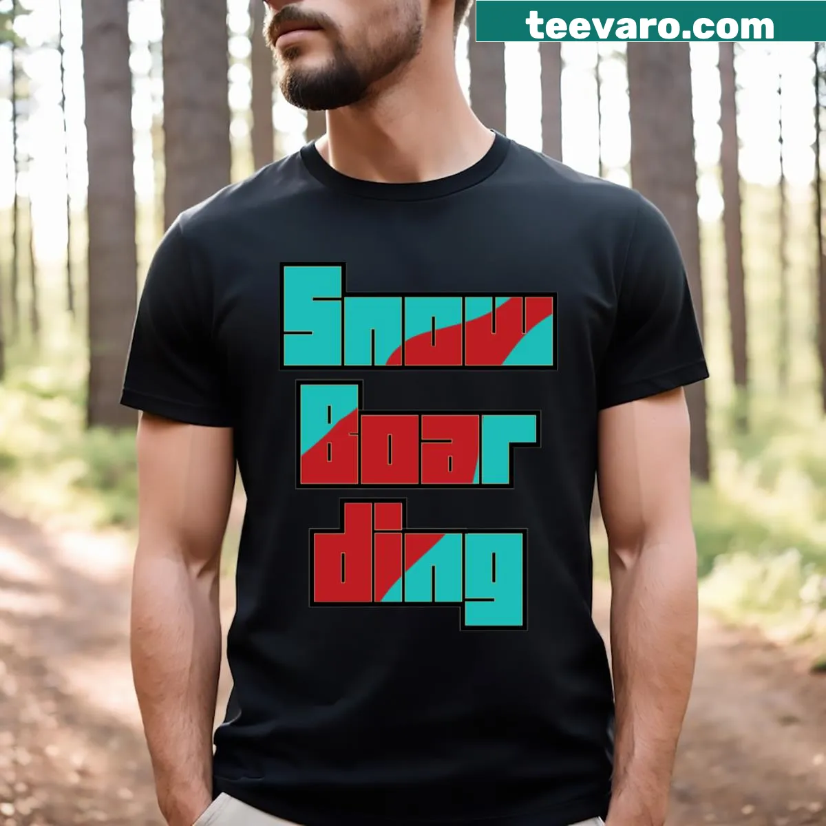 Snowboard-themed typographic design T-shirt — on a men's t-shirt