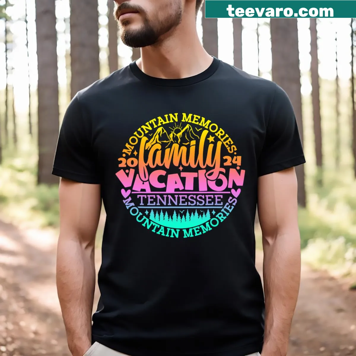 T-shirt celebrating Tennessee family vacation with mountain graphic — on a men's t-shirt