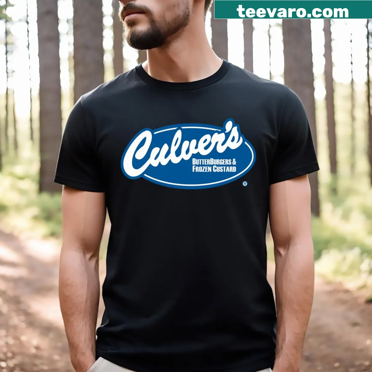 Funny T-shirt featuring the Culver's logo celebrating comfort food — on a men's t-shirt