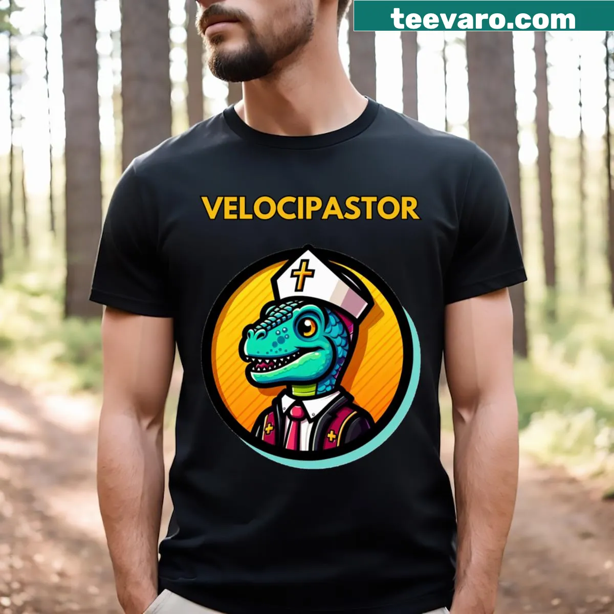 Funny T-shirt with a velociraptor dressed as a pastor graphic — on a men's t-shirt