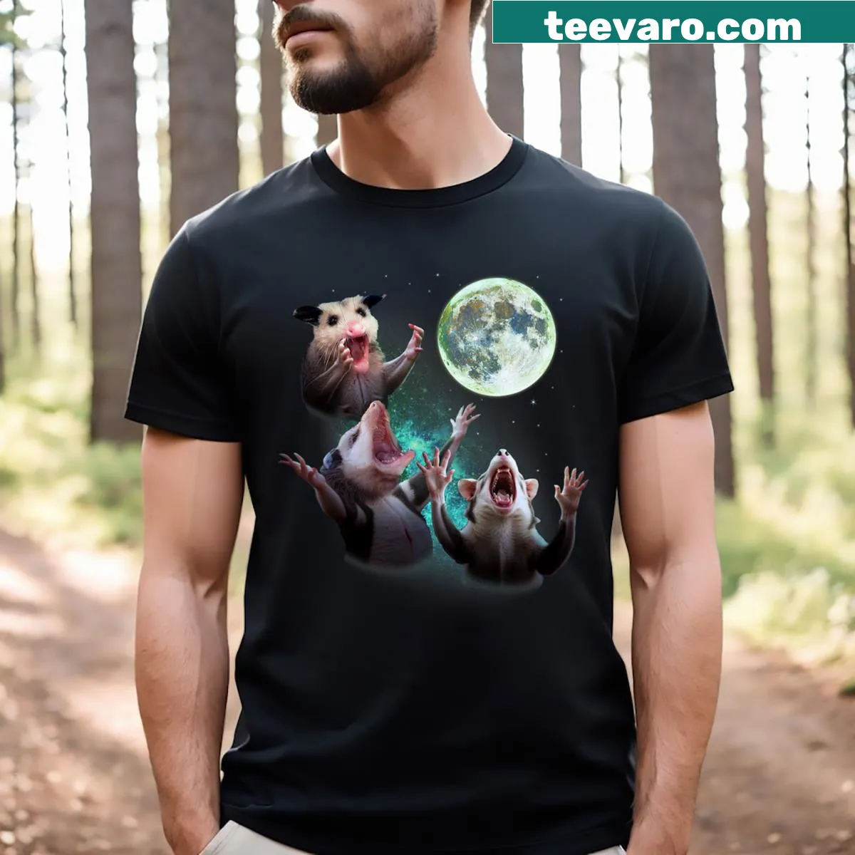 Cute t-shirt featuring three baby opossums under a moon — on a men's t-shirt