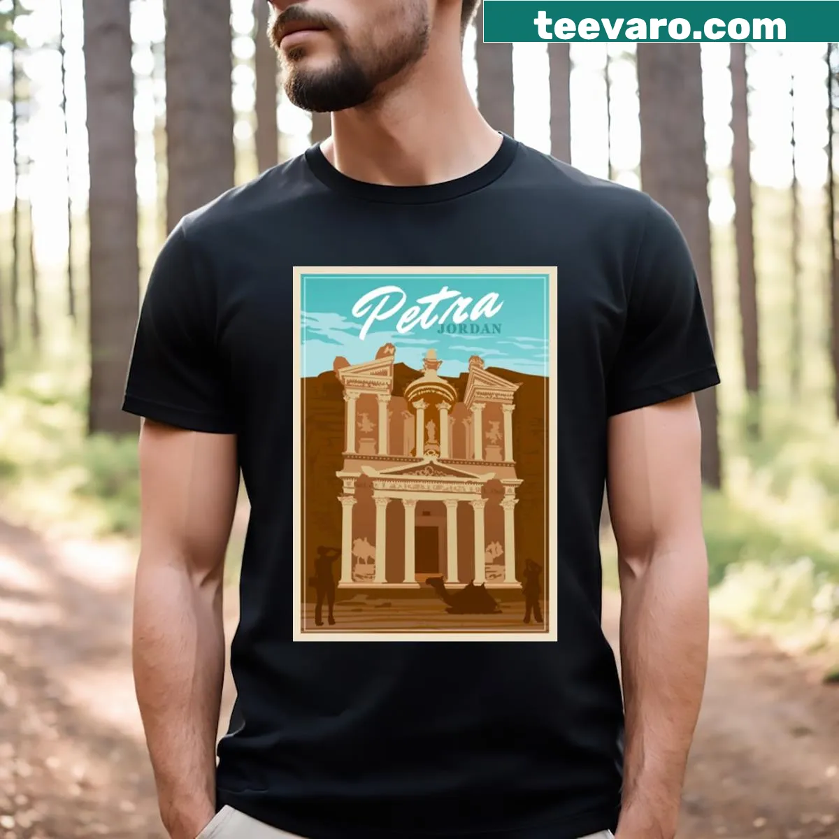 Travel poster graphic t-shirt inspired by Petra, Jordan — on a men's t-shirt