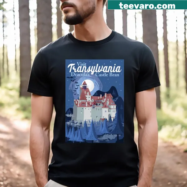 Vintage travel poster T-shirt featuring Bran Castle in Transylvania