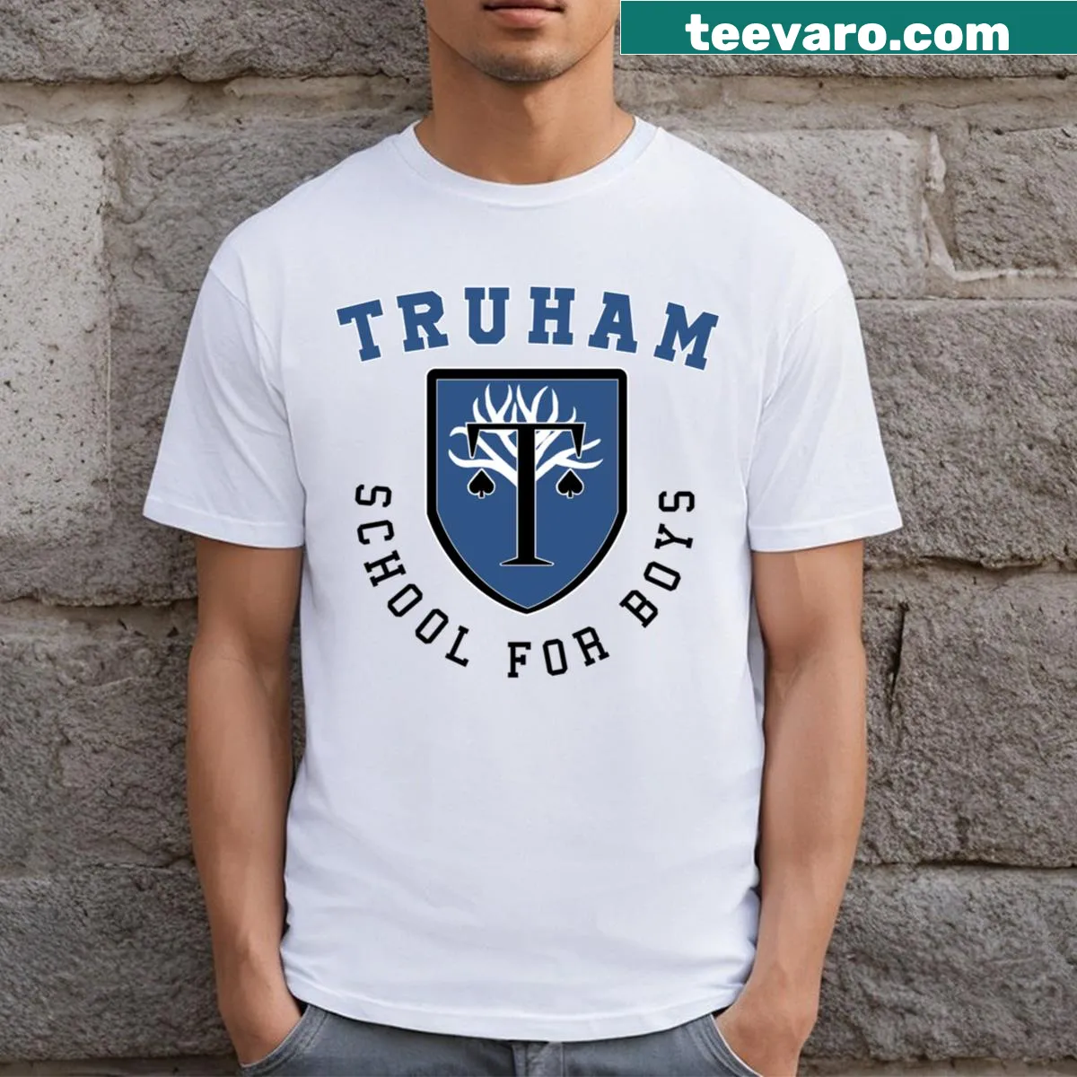 Truham Grammar School logo T-shirt for students — on a men's t-shirt