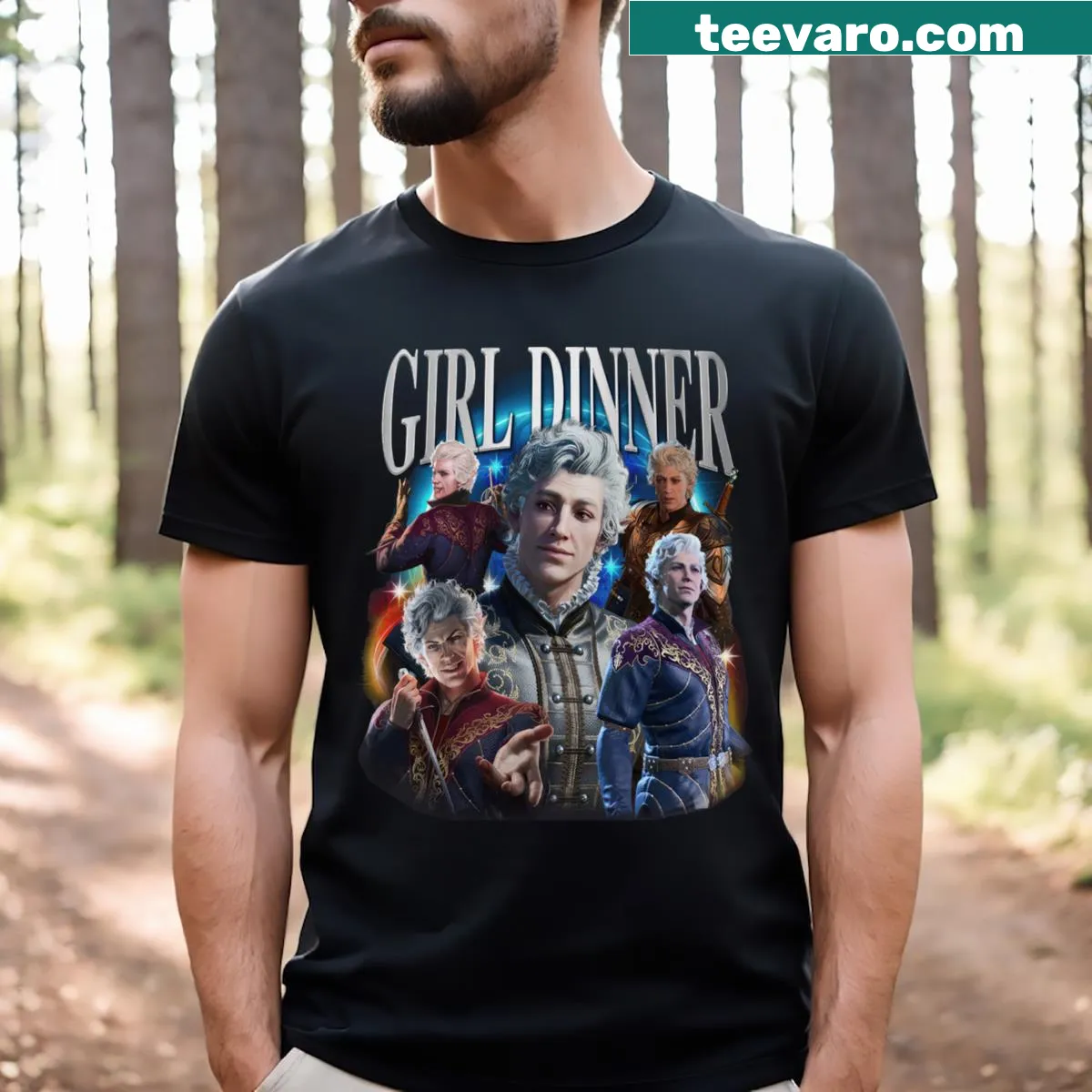 Charming retro illustration of Astarion girl at dinner on a T-shirt — on a men's t-shirt