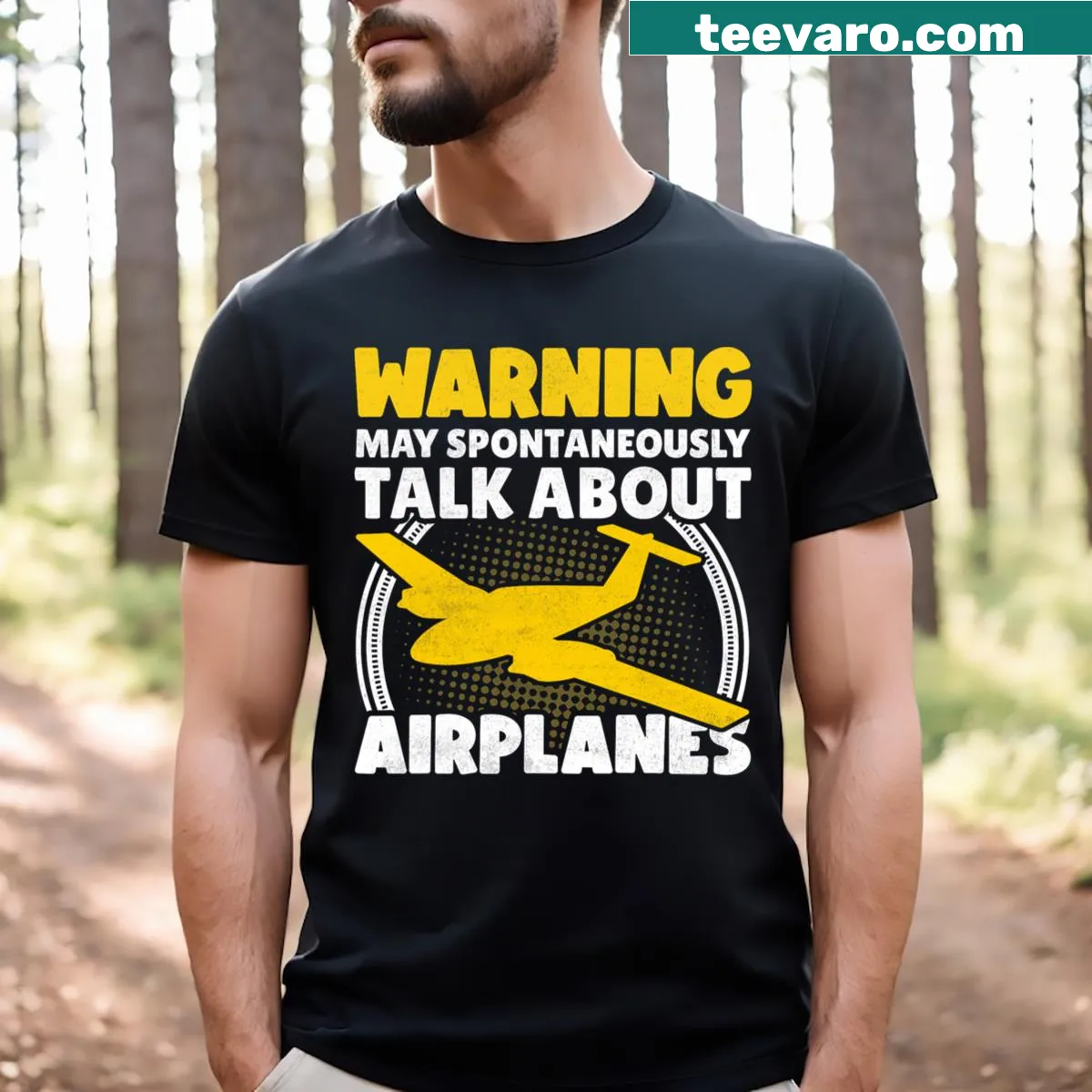 Funny pilot T-shirt with airplane-themed illustration — on a men's t-shirt
