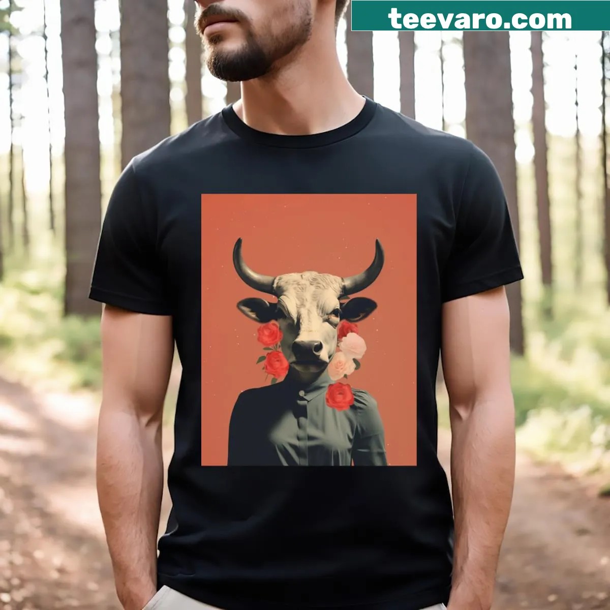 Surreal collage t-shirt featuring a cow design — on a men's t-shirt