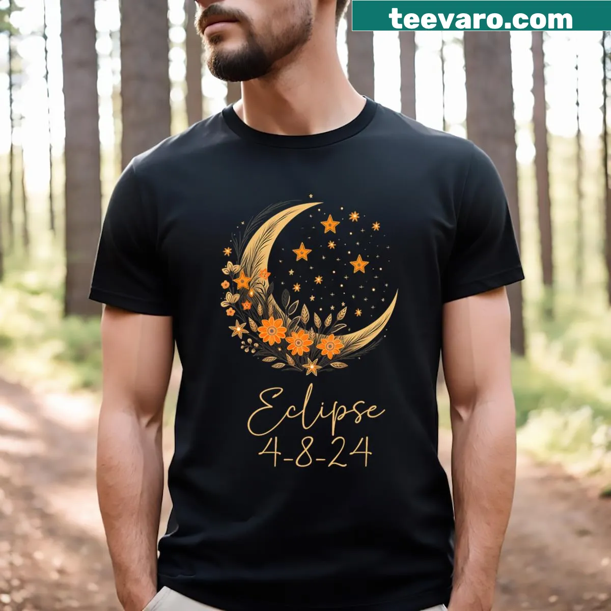 Illustrated t-shirt featuring a solar eclipse surrounded by floral elements — on a men's t-shirt