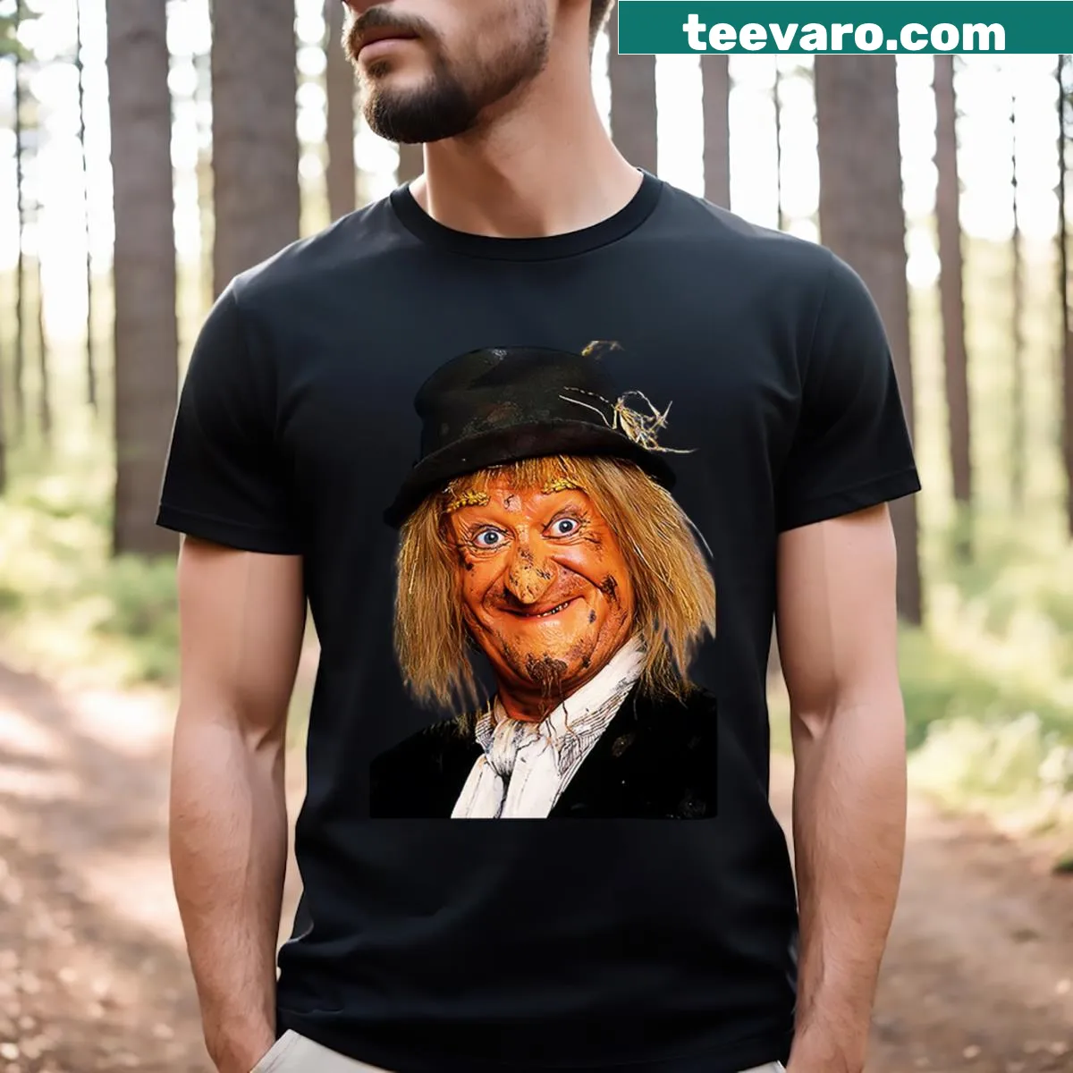 Nostalgic graphic of Worzel Gummidge on a vintage t-shirt — on a men's t-shirt