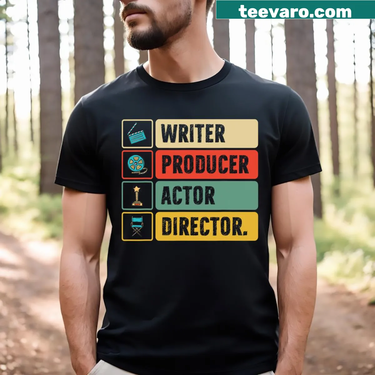 Retro graphic showcasing Writer, Producer, Actor, Director roles — on a men's t-shirt