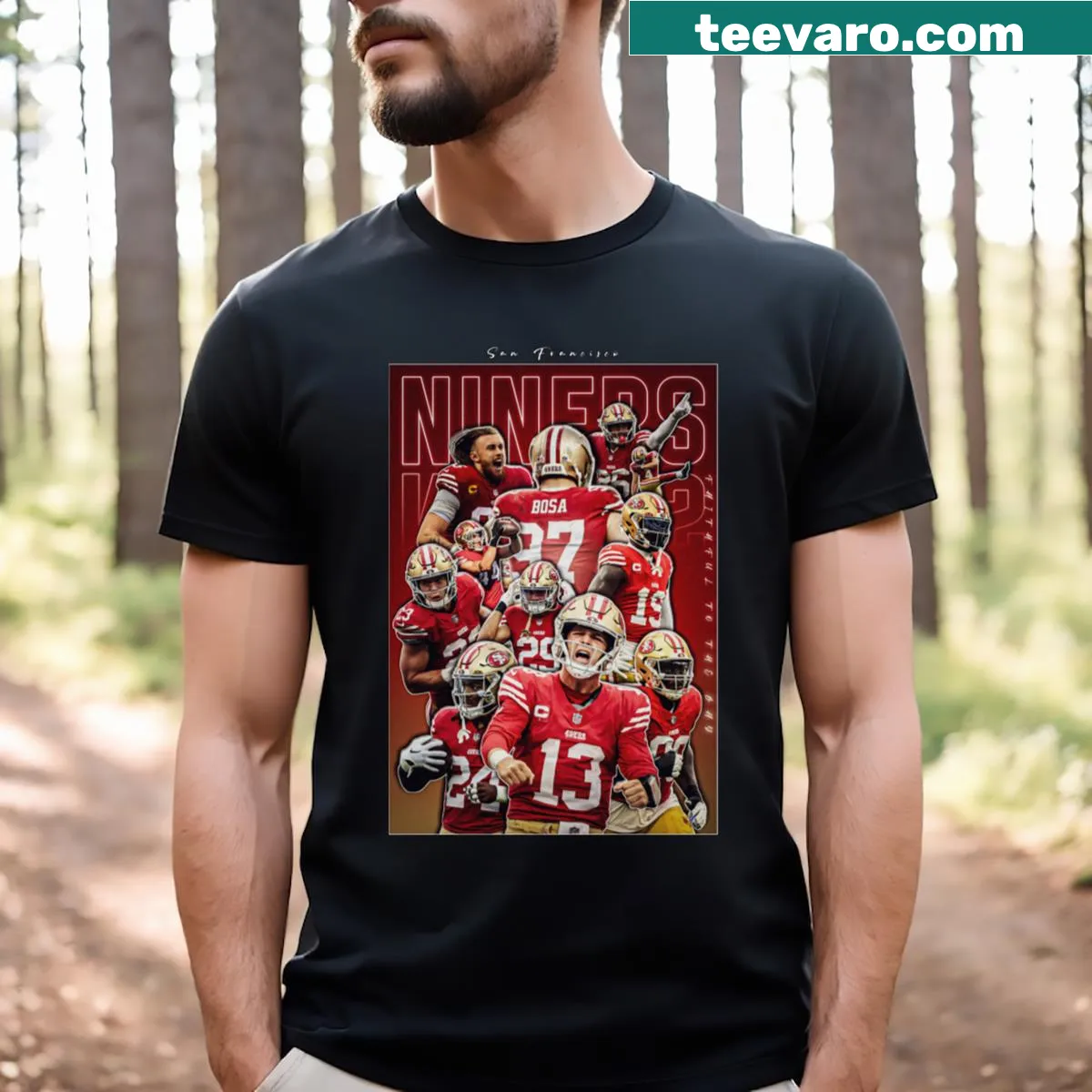 49ers football t-shirt featuring team name and player imagery. — on a men's t-shirt