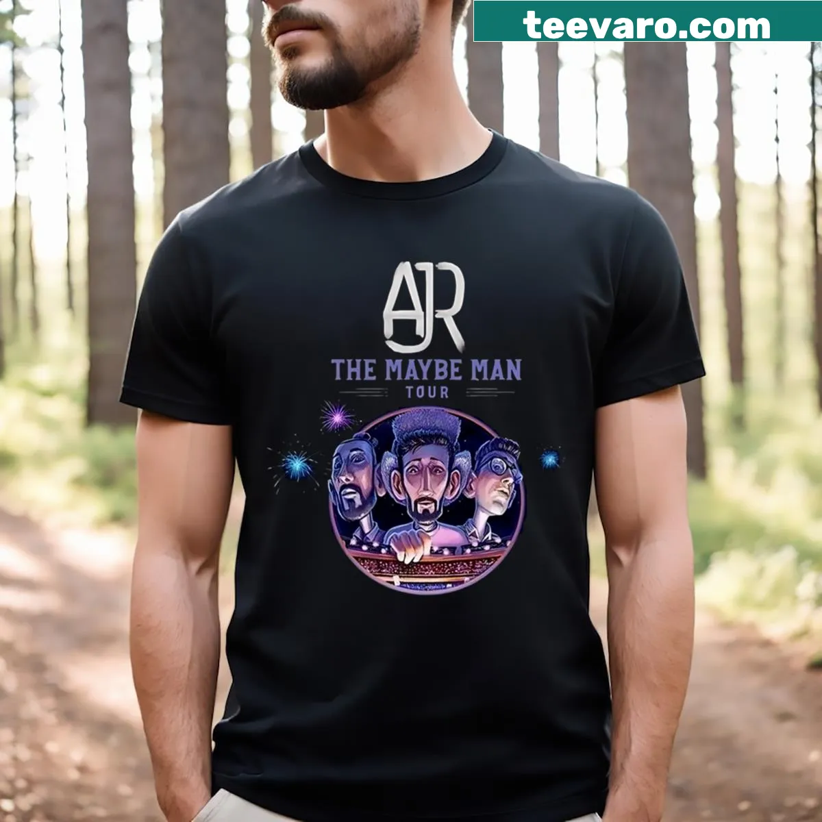 Typographic design celebrating AJR with repeating phrase — on a men's t-shirt