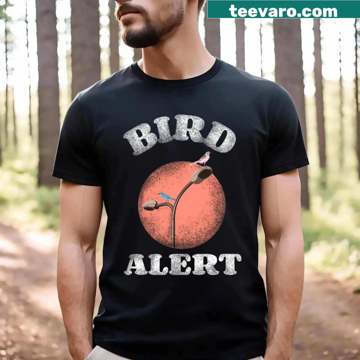 Fun bird watching T-shirt with 'Bird Alert' text — on a men's t-shirt