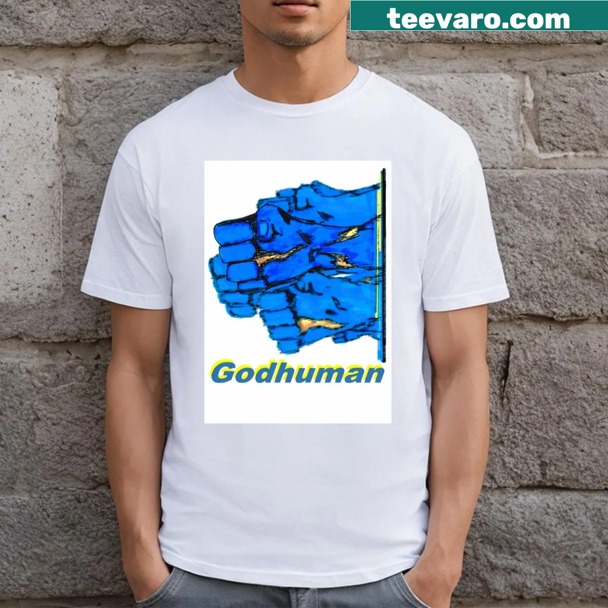Blox Fruits themed t-shirt with 'Godhuman' text design — on a men's t-shirt