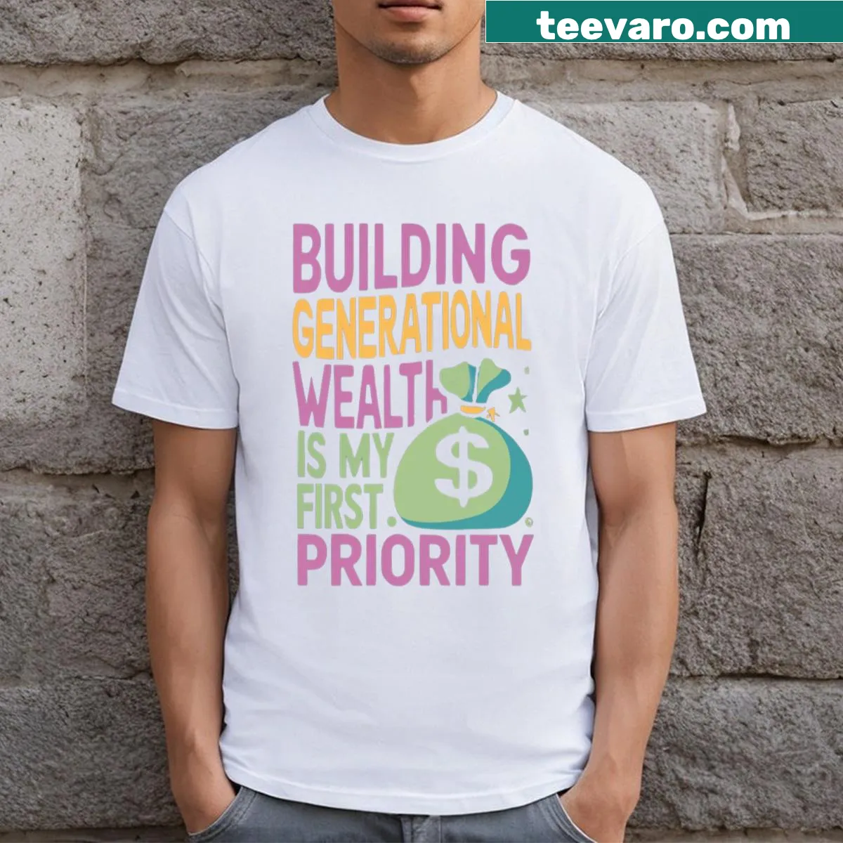 T-shirt with the phrase Building Generational Wealth in bold typography — on a men's t-shirt