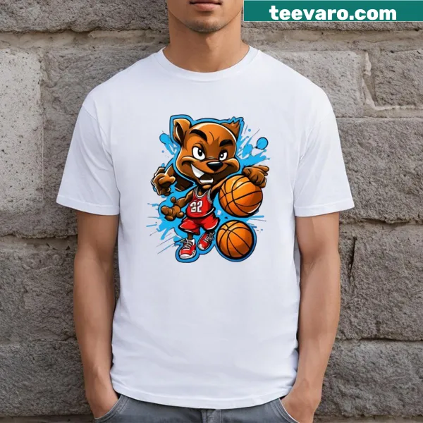 Playful t-shirt with a cartoon character playing basketball