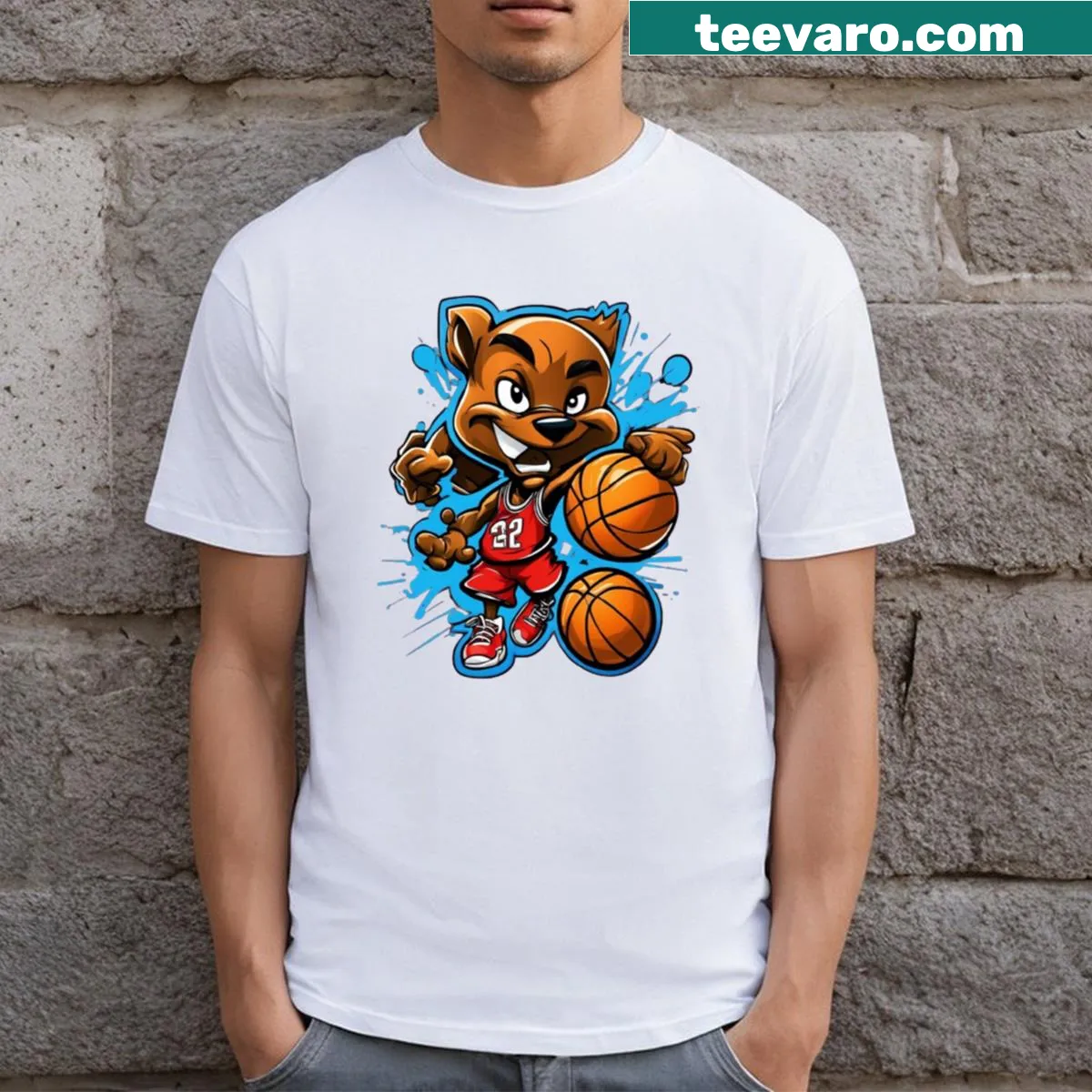 Playful t-shirt with a cartoon character playing basketball — on a men's t-shirt