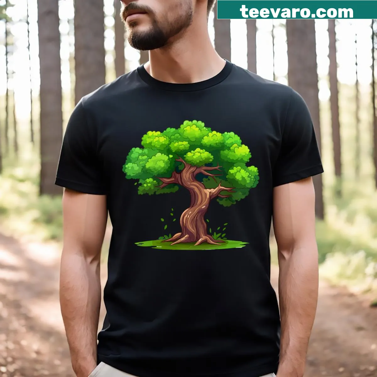 Whimsical cartoon tree illustration on a pullover t-shirt for tree lovers — on a men's t-shirt