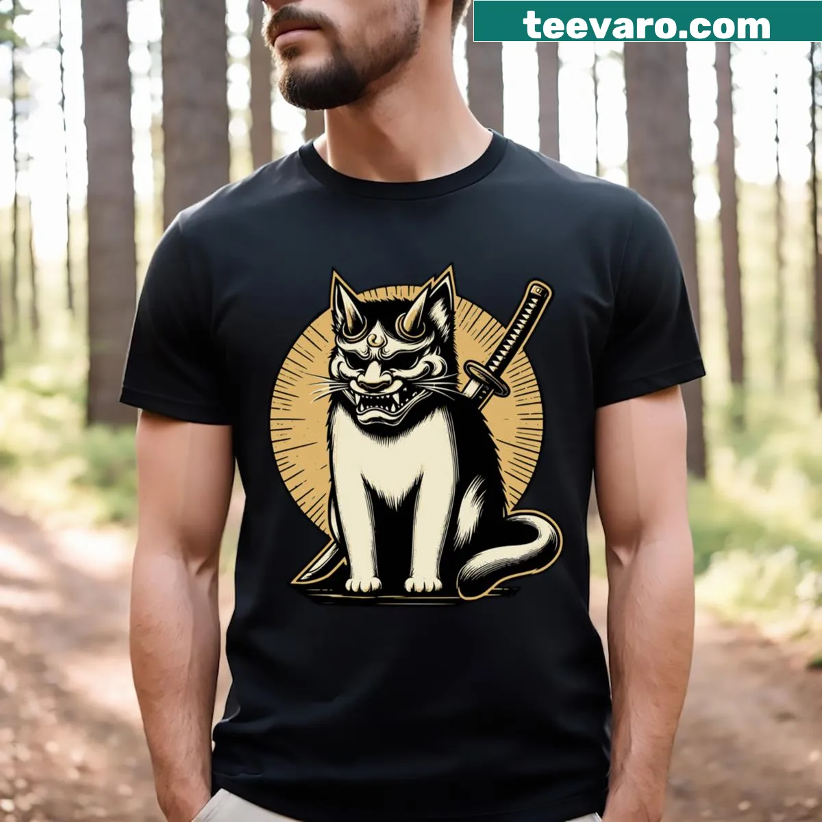 Illustrated samurai cat in armor with a katana on a T-shirt — on a men's t-shirt