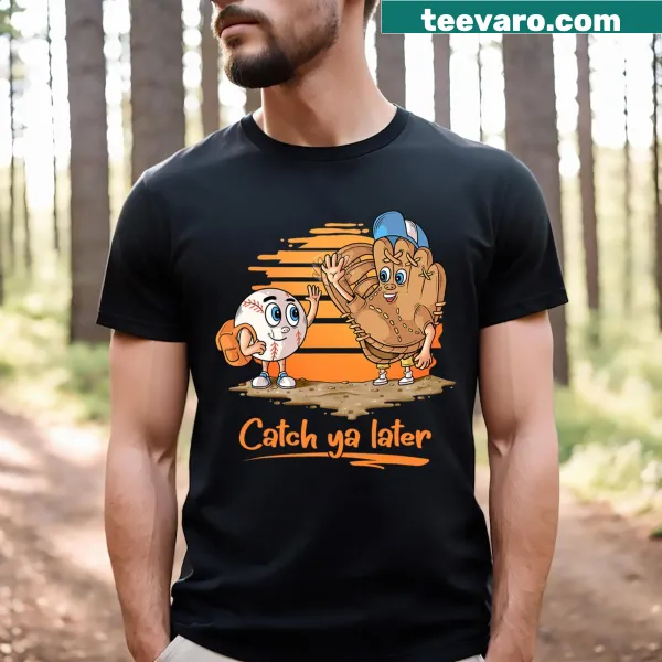 Cartoon baseball glove and ball design on a T-shirt.