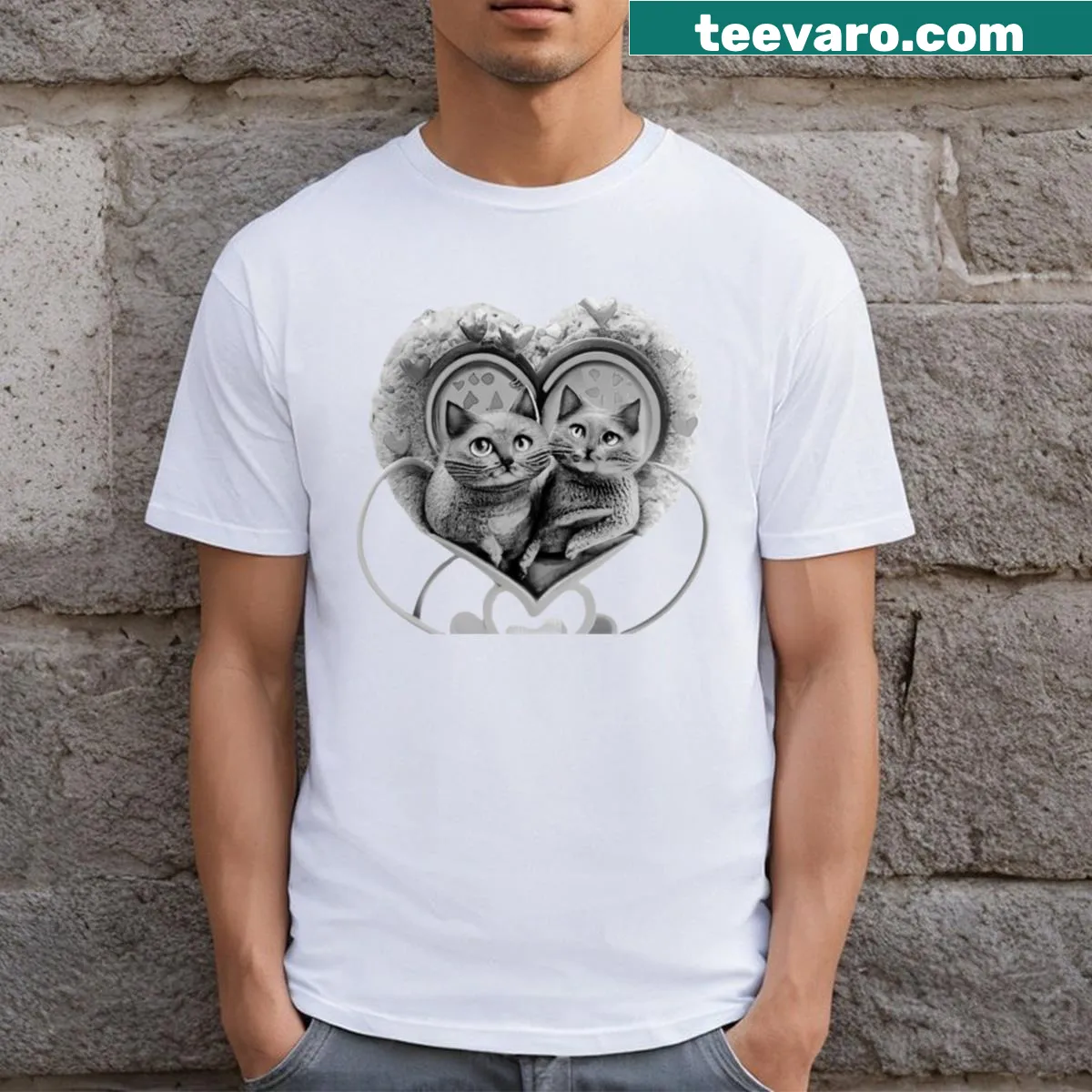 T-shirt with cute illustrations of cats in love stickers — on a men's t-shirt