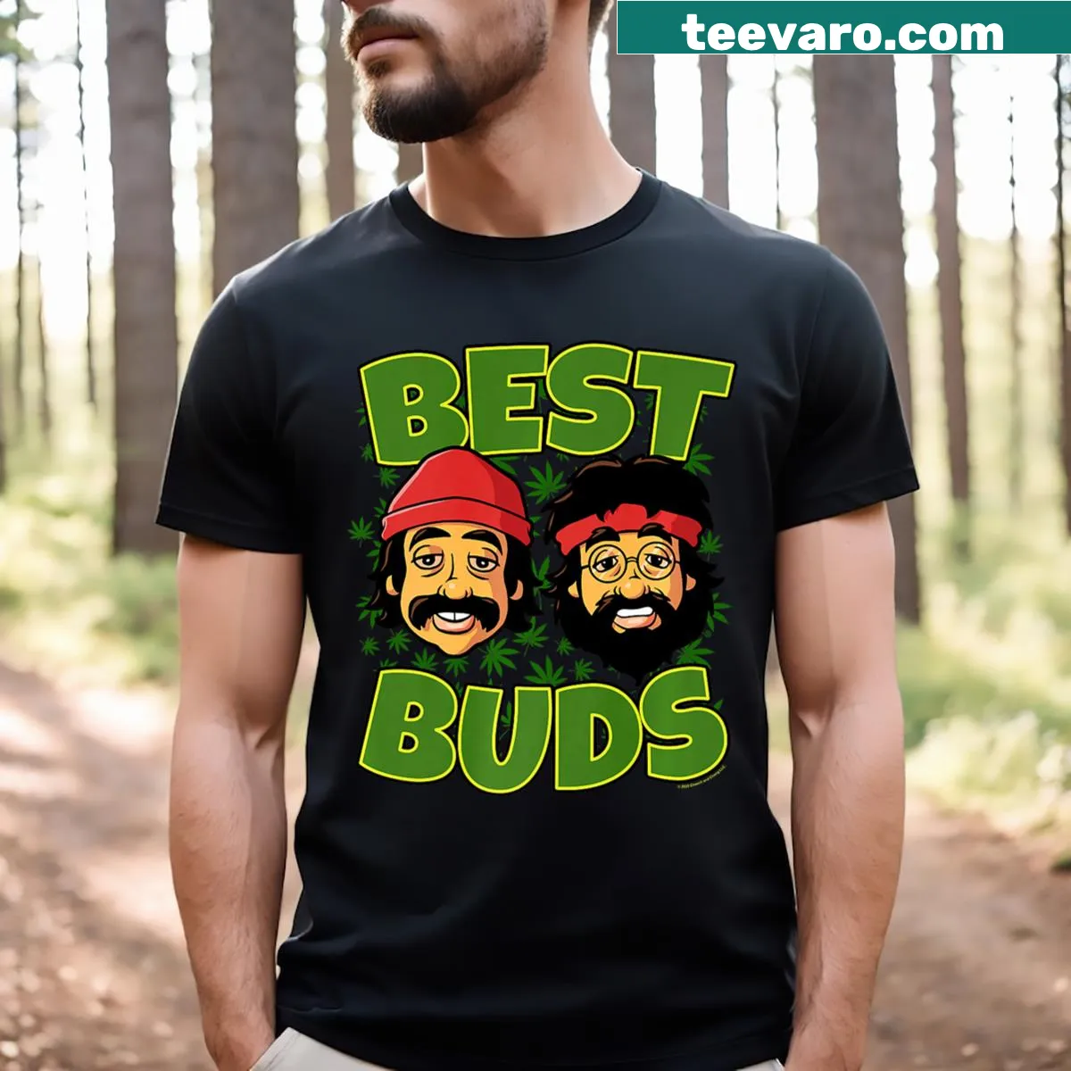 Cartoon Cheech & Chong heads on a weed-themed t-shirt — on a men's t-shirt