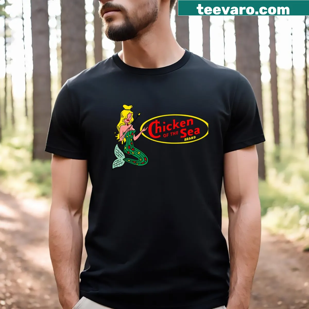 Humorous Chicken Of The Sea themed t-shirt with playful design — on a men's t-shirt