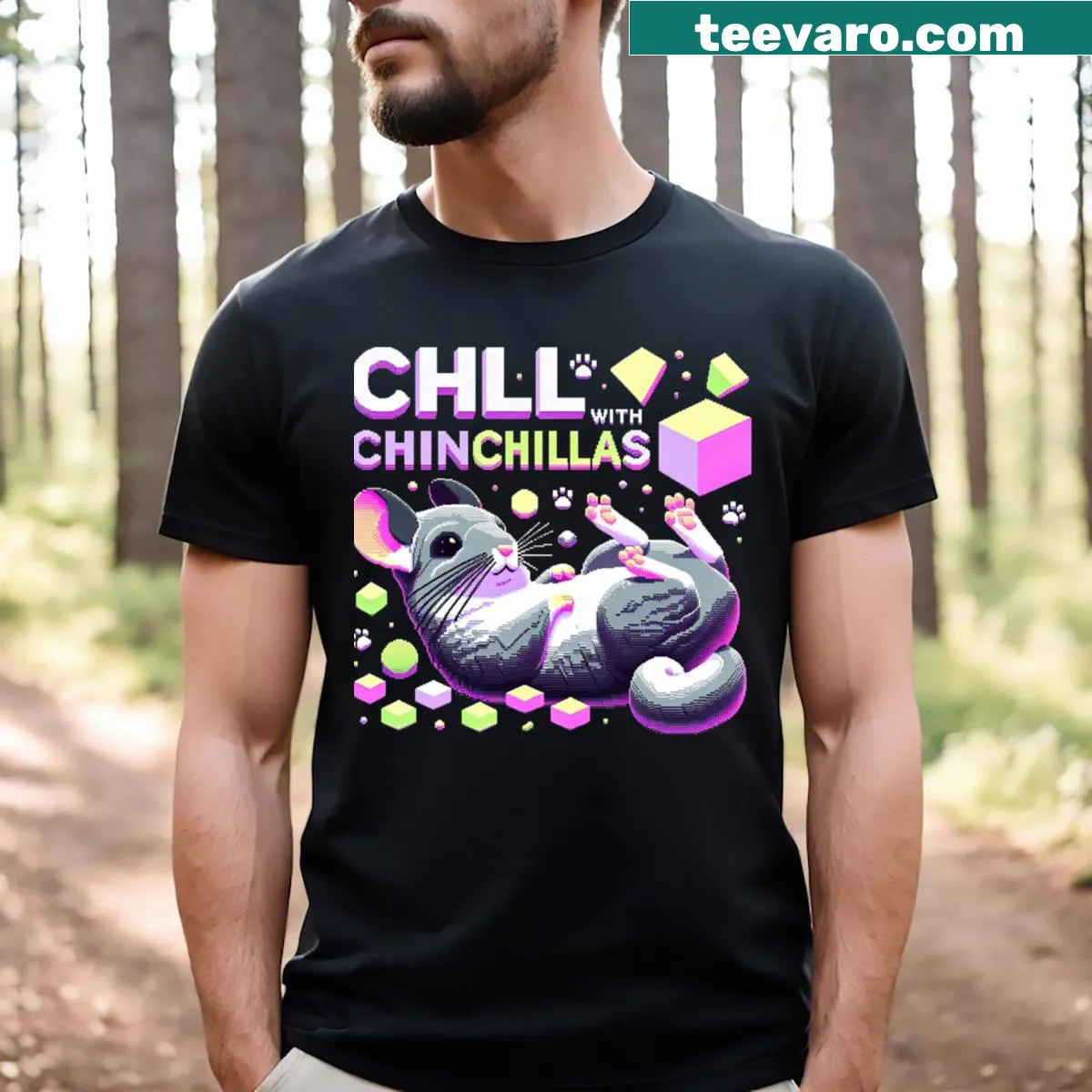 Voxel-style graphic of chinchillas on a black t-shirt — on a men's t-shirt