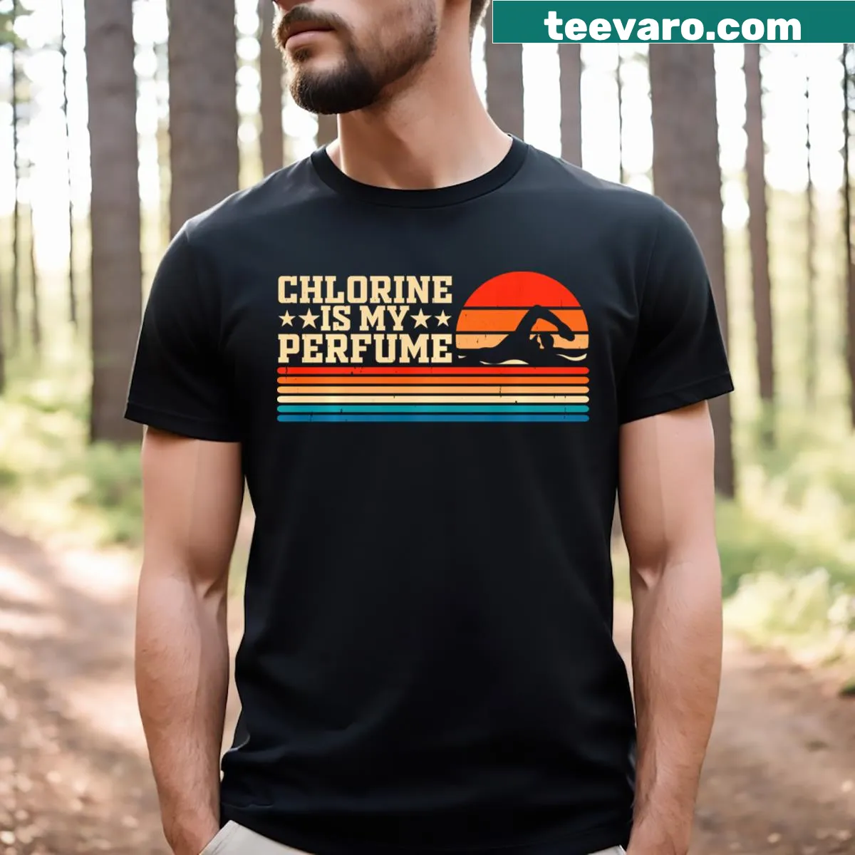 Funny swim-themed t-shirt with chlorine fragrance text — on a men's t-shirt