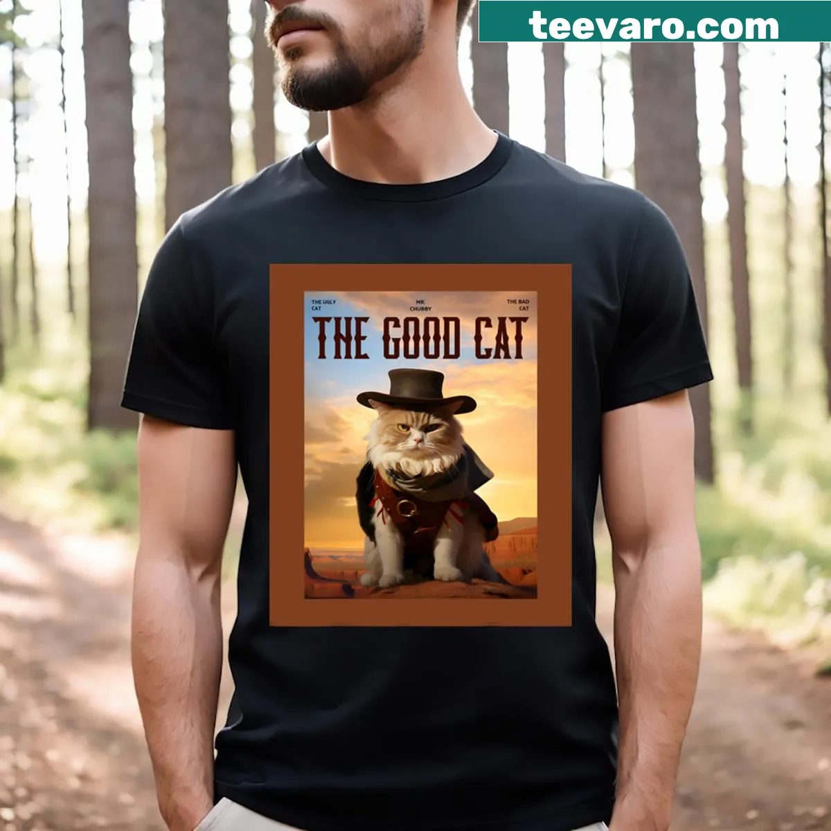 Vintage-style cat cowboy graphic on a T-shirt — on a men's t-shirt
