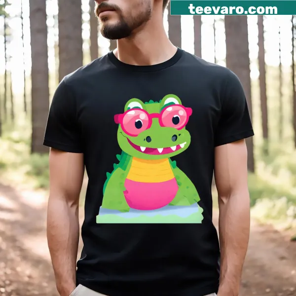 Cartoon crocodile wearing pink round glasses on a T-shirt