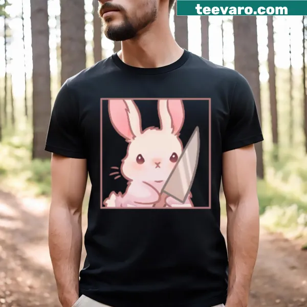 Kawaii cartoon angry rabbit with knife graphic on pullover t-shirt