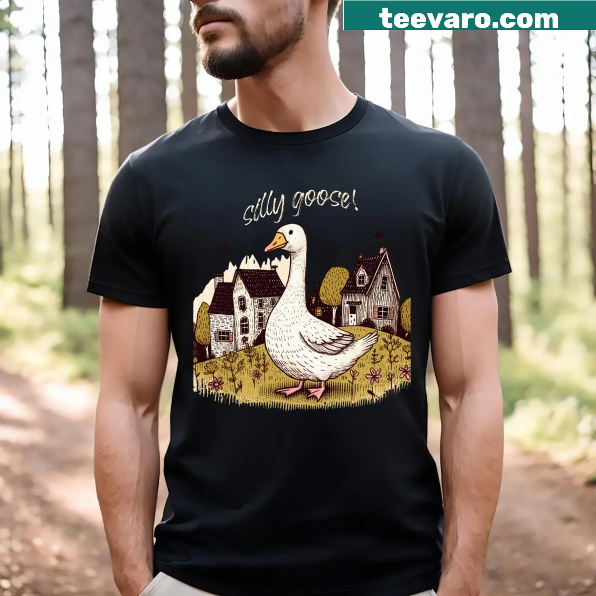 Whimsical T-shirt featuring a funny goose graphic — on a men's t-shirt