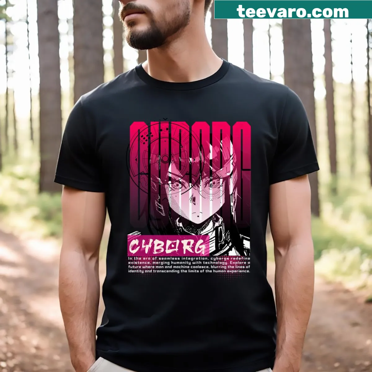 Cyborg human robot illustration on an anime-themed T-shirt. — on a men's t-shirt