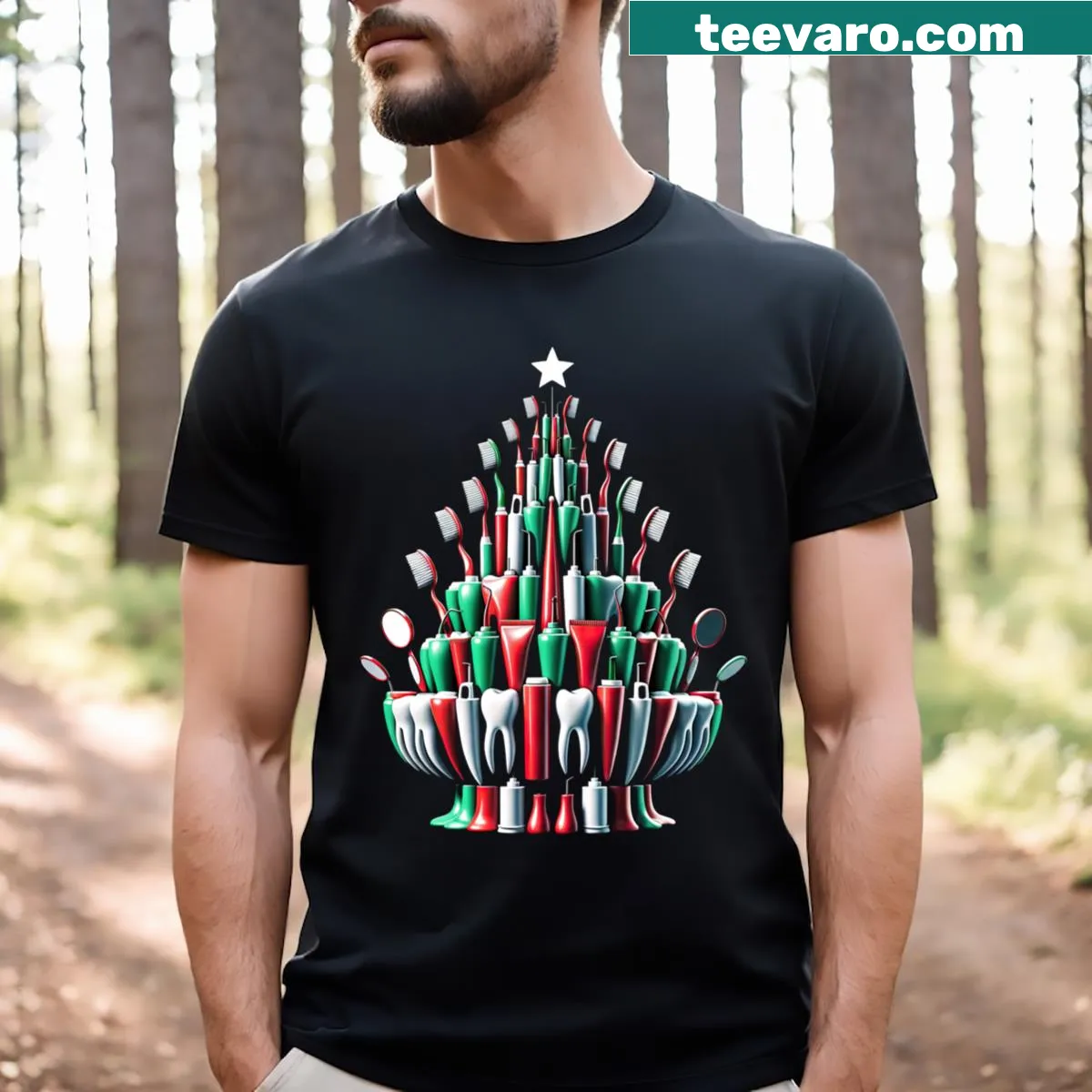 Festive T-shirt with a dental-themed Christmas tree illustration — on a men's t-shirt