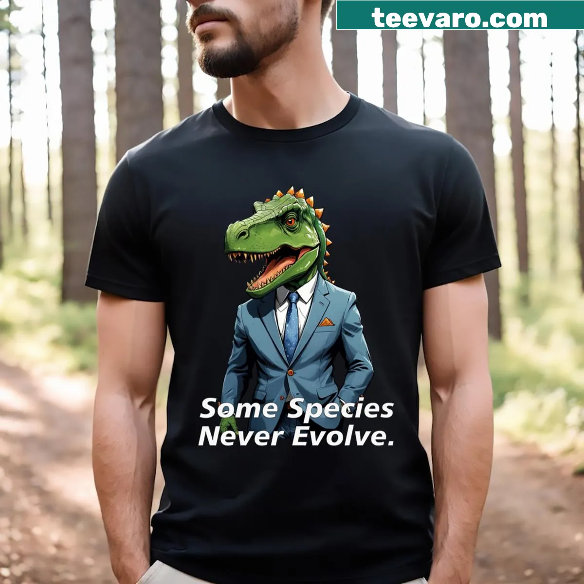 Playful Dinopolitics T-shirt with humorous graphic — on a men's t-shirt